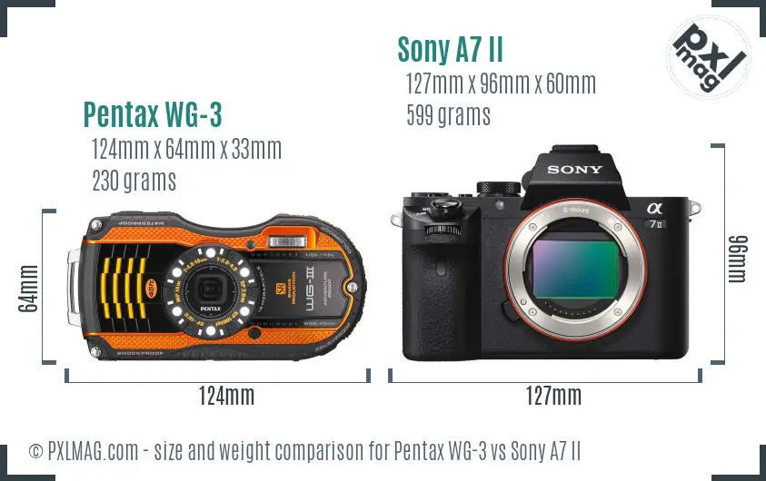 Pentax WG-3 vs Sony A7 II size comparison