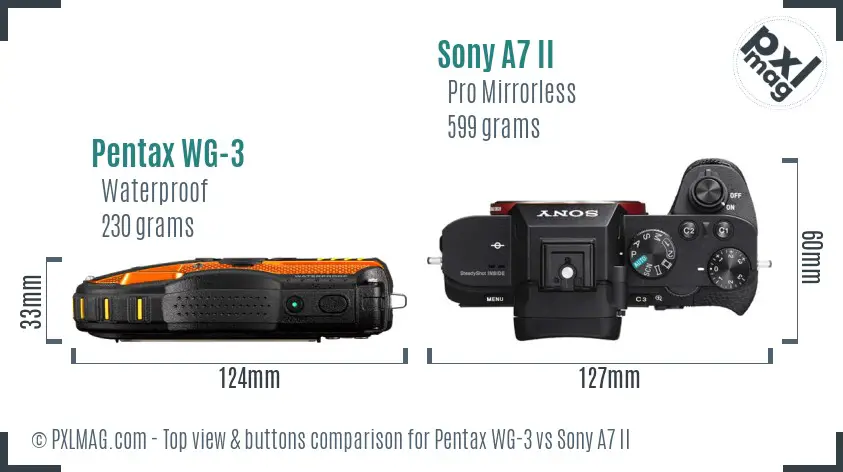 Pentax WG-3 vs Sony A7 II top view buttons comparison