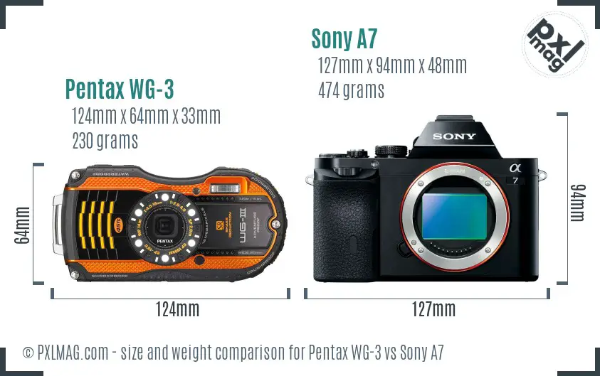 Pentax WG-3 vs Sony A7 size comparison