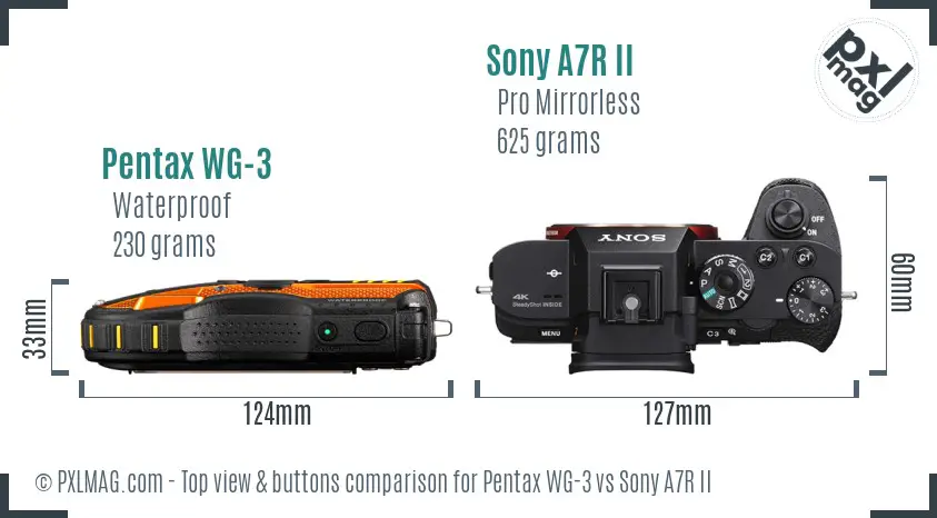 Pentax WG-3 vs Sony A7R II top view buttons comparison