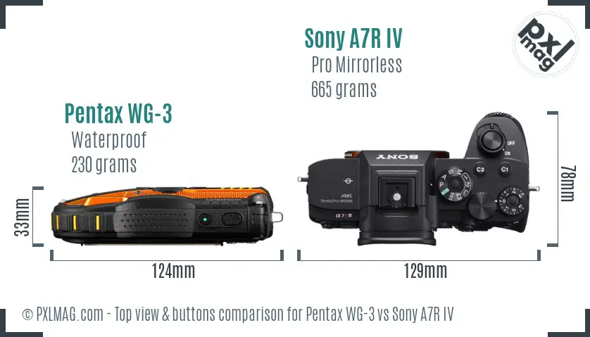 Pentax WG-3 vs Sony A7R IV top view buttons comparison