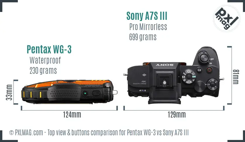 Pentax WG-3 vs Sony A7S III top view buttons comparison