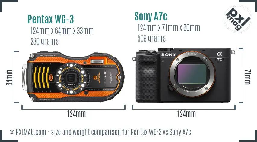 Pentax WG-3 vs Sony A7c size comparison