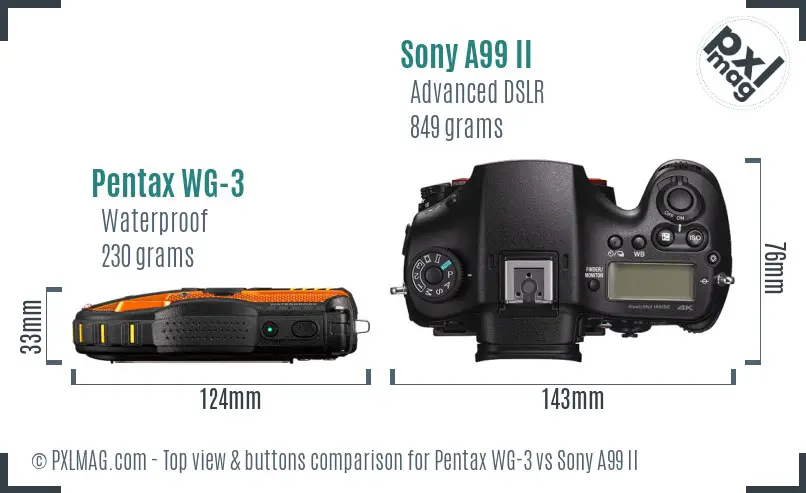 Pentax WG-3 vs Sony A99 II top view buttons comparison Pentax WG-3 vs Sony A99 II top view buttons comparison
