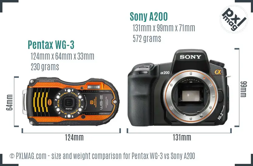 Pentax WG-3 vs Sony A200 size comparison