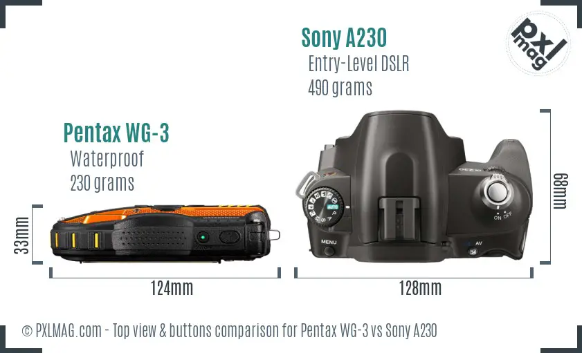 Pentax WG-3 vs Sony A230 top view buttons comparison Pentax WG-3 vs Sony A230 top view buttons comparison