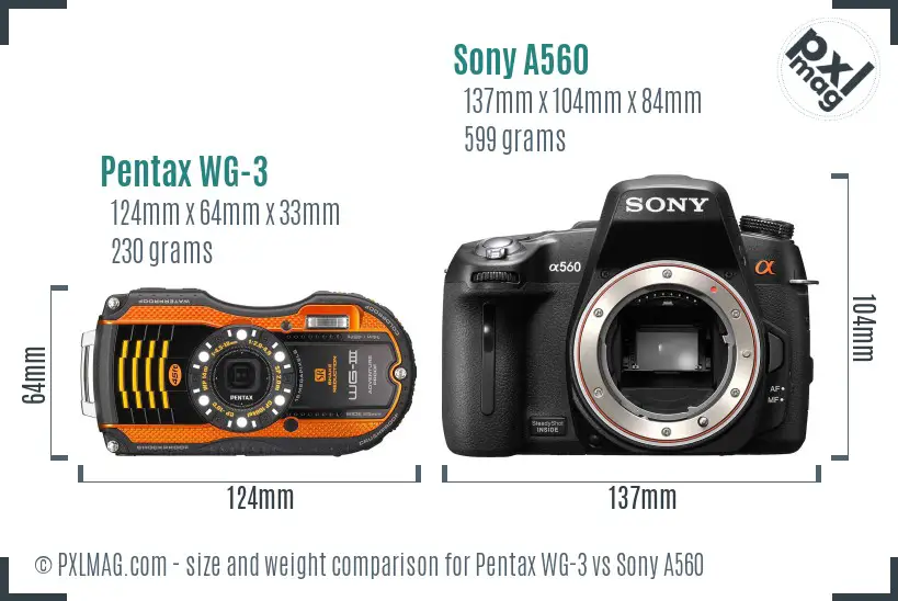 Pentax WG-3 vs Sony A560 size comparison