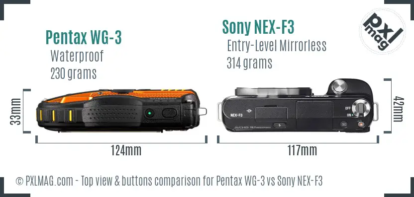 Pentax WG-3 vs Sony NEX-F3 top view buttons comparison