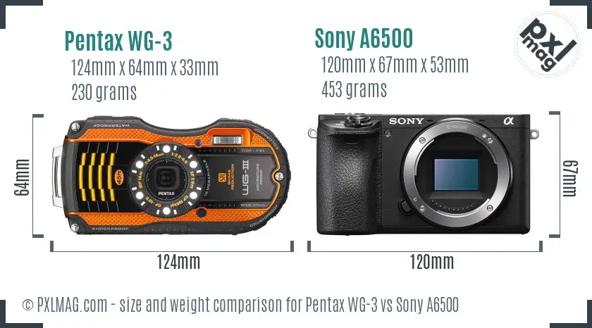 Pentax WG-3 vs Sony A6500 size comparison