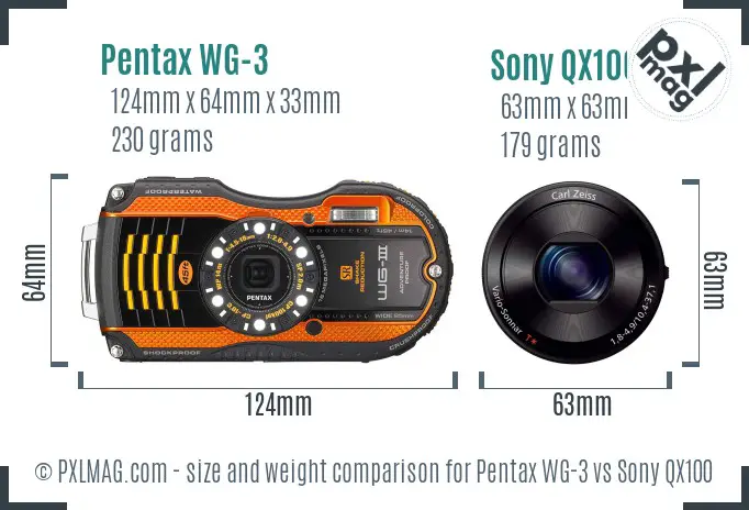 Pentax WG-3 vs Sony QX100 size comparison