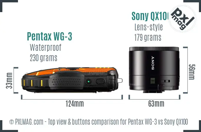 Pentax WG-3 vs Sony QX100 top view buttons comparison
