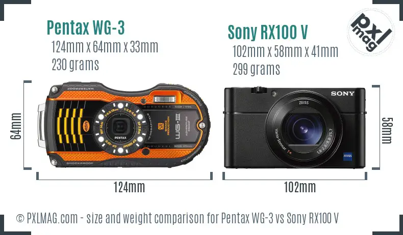 Pentax WG-3 vs Sony RX100 V size comparison