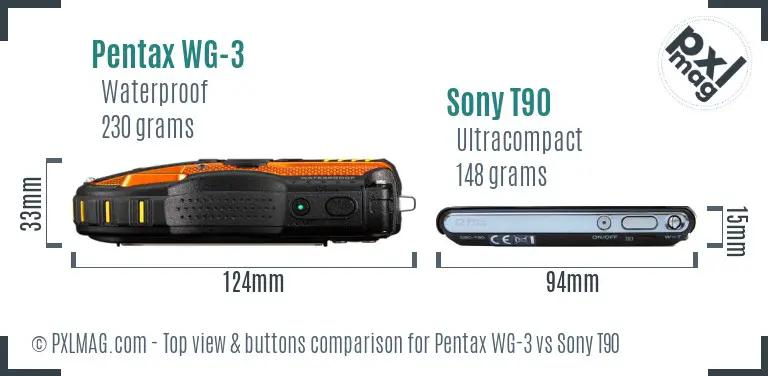Pentax WG-3 vs Sony T90 top view buttons comparison