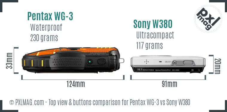 Pentax WG-3 vs Sony W380 top view buttons comparison