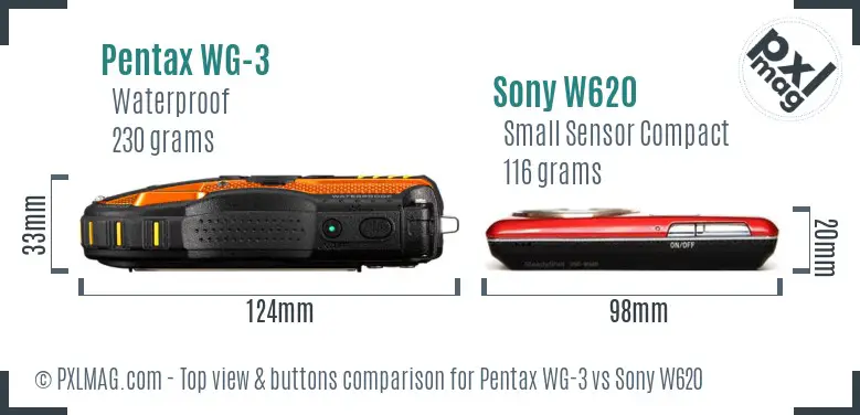 Pentax WG-3 vs Sony W620 top view buttons comparison
