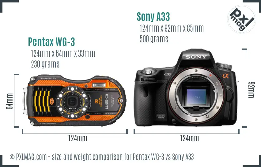Pentax WG-3 vs Sony A33 size comparison