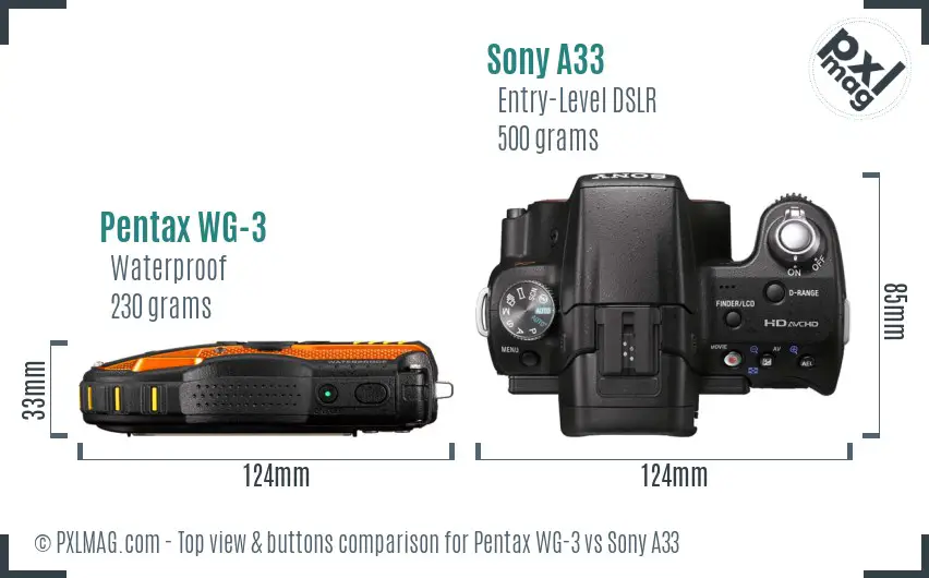 Pentax WG-3 vs Sony A33 top view buttons comparison