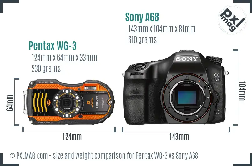 Pentax WG-3 vs Sony A68 size comparison
