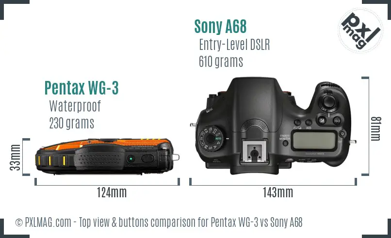 Pentax WG-3 vs Sony A68 top view buttons comparison