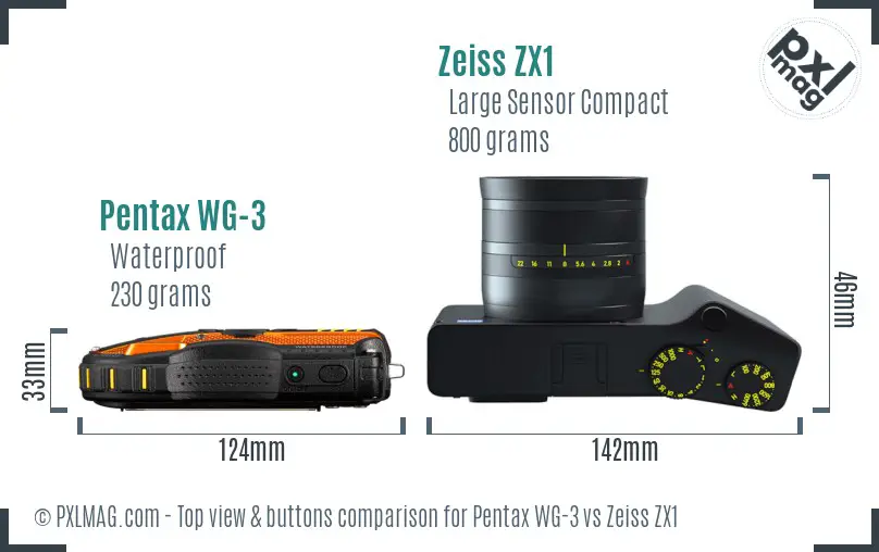 Pentax WG-3 vs Zeiss ZX1 top view buttons comparison Pentax WG-3 vs Zeiss ZX1 top view buttons comparison