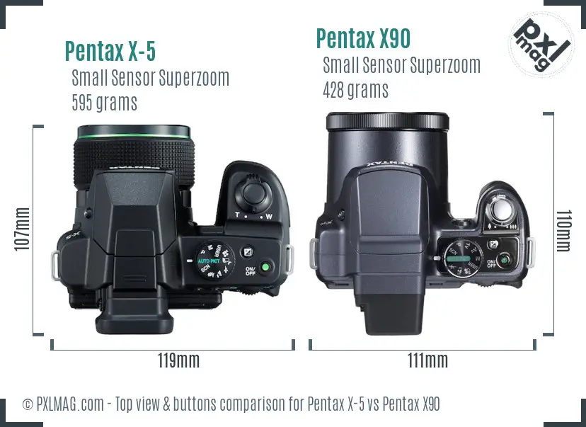 Pentax X-5 vs Pentax X90 top view buttons comparison