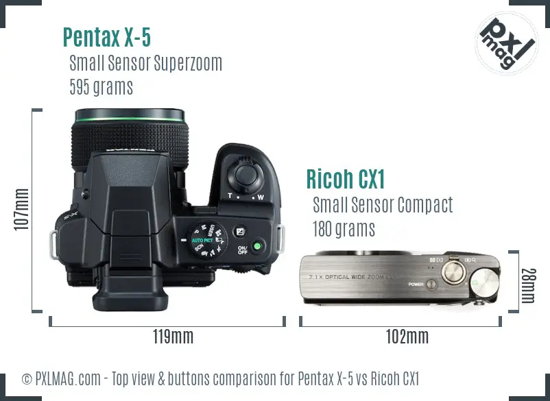 Pentax X-5 vs Ricoh CX1 top view buttons comparison