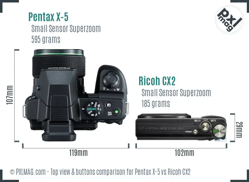 Pentax X-5 vs Ricoh CX2 top view buttons comparison