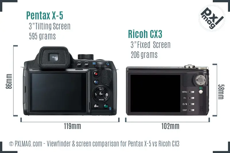 Pentax X-5 vs Ricoh CX3 Screen and Viewfinder comparison