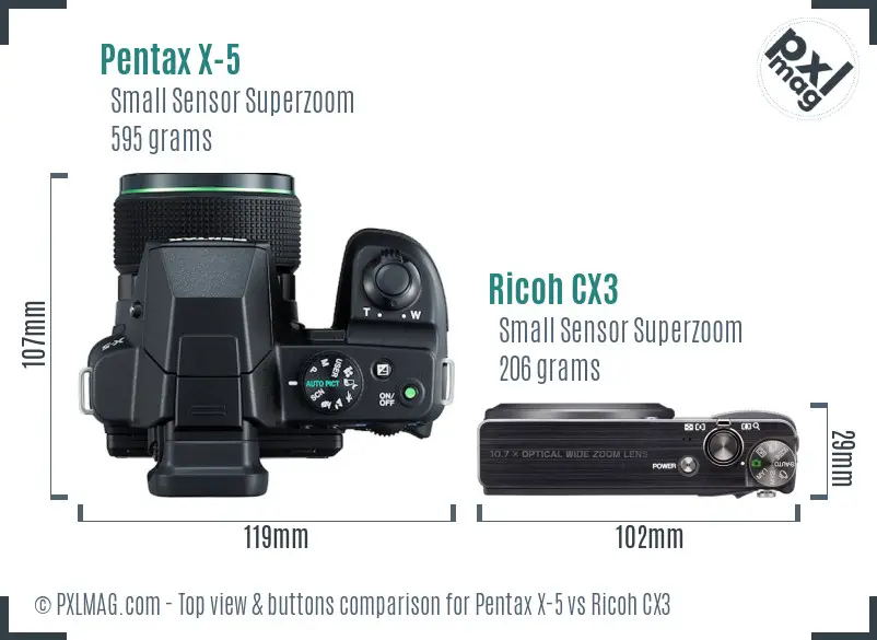 Pentax X-5 vs Ricoh CX3 top view buttons comparison