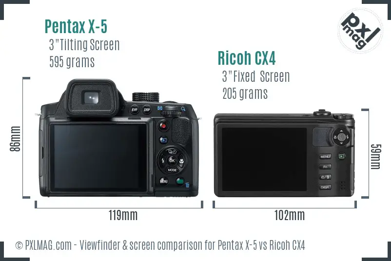 Pentax X-5 vs Ricoh CX4 Screen and Viewfinder comparison