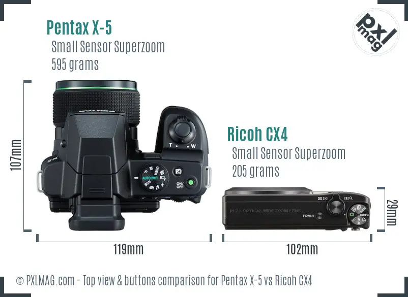 Pentax X-5 vs Ricoh CX4 top view buttons comparison