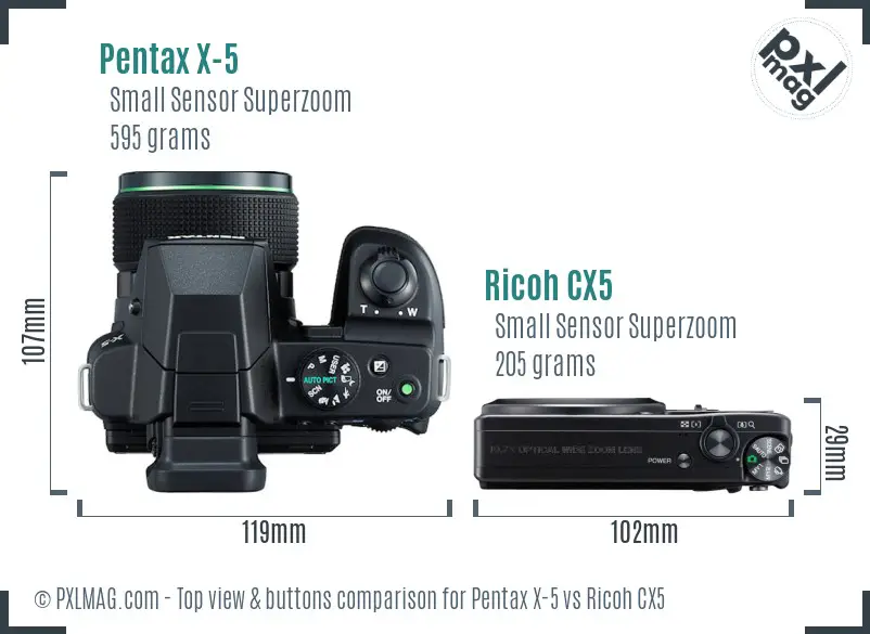 Pentax X-5 vs Ricoh CX5 top view buttons comparison