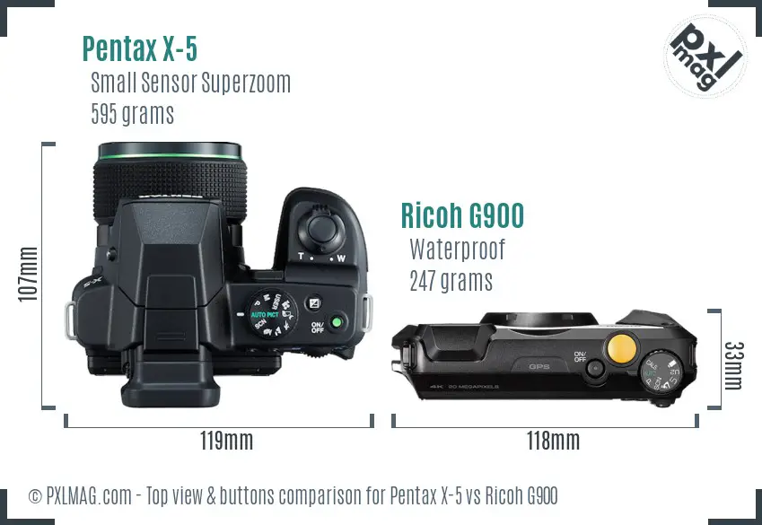 Pentax X-5 vs Ricoh G900 top view buttons comparison