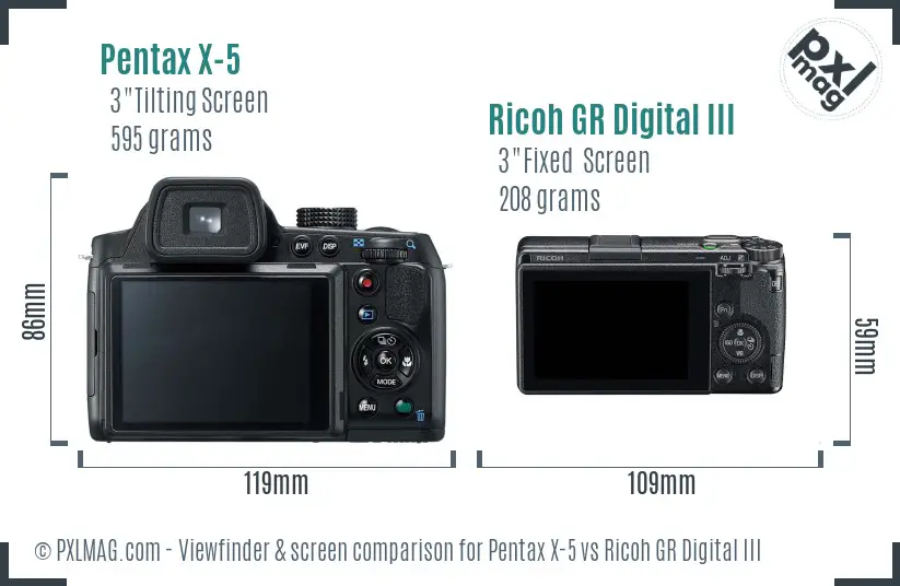 Pentax X-5 vs Ricoh GR Digital III Screen and Viewfinder comparison