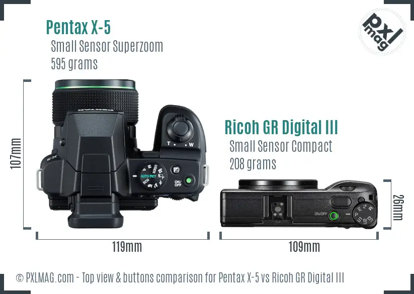 Pentax X-5 vs Ricoh GR Digital III top view buttons comparison