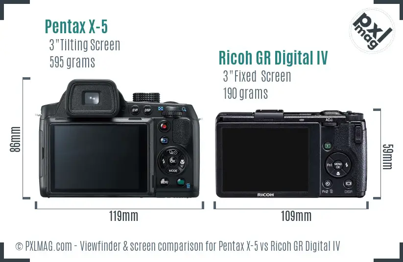 Pentax X-5 vs Ricoh GR Digital IV Screen and Viewfinder comparison