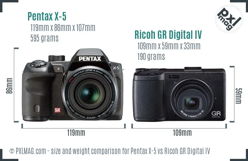 Pentax X-5 vs Ricoh GR Digital IV size comparison