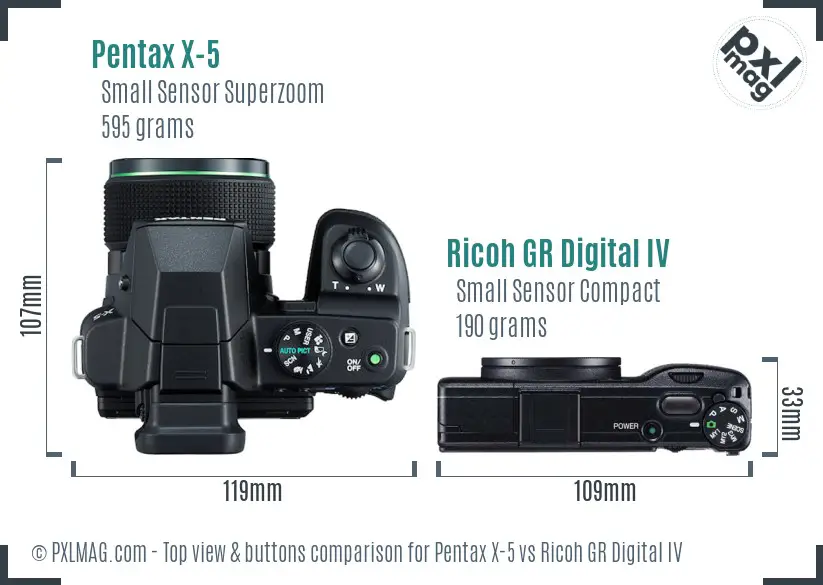 Pentax X-5 vs Ricoh GR Digital IV top view buttons comparison