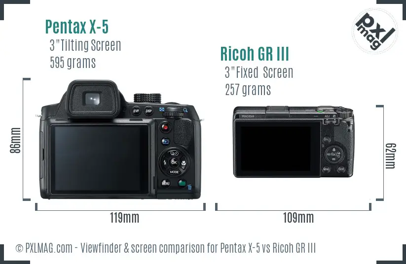 Pentax X-5 vs Ricoh GR III Screen and Viewfinder comparison