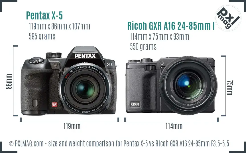 Pentax X-5 vs Ricoh GXR A16 24-85mm F3.5-5.5 size comparison
