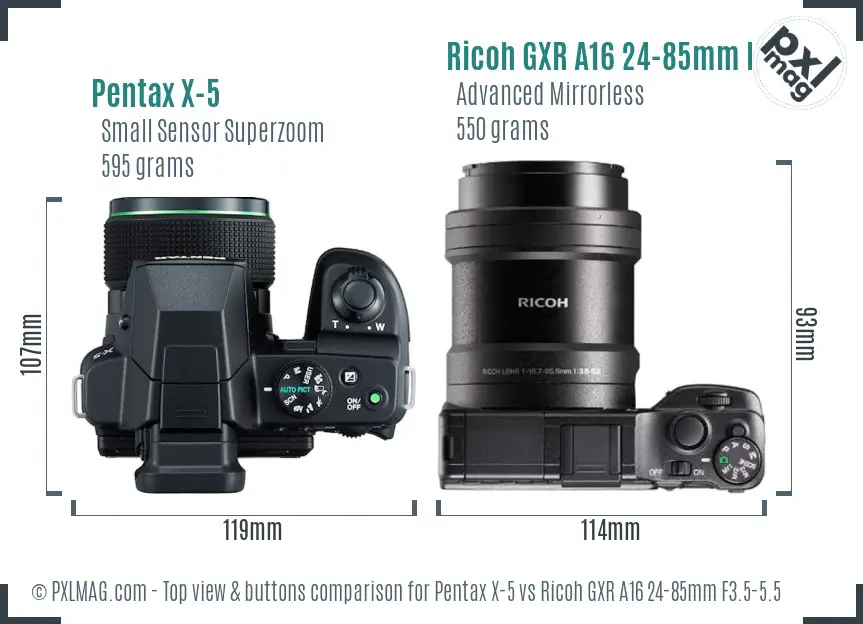 Pentax X-5 vs Ricoh GXR A16 24-85mm F3.5-5.5 top view buttons comparison