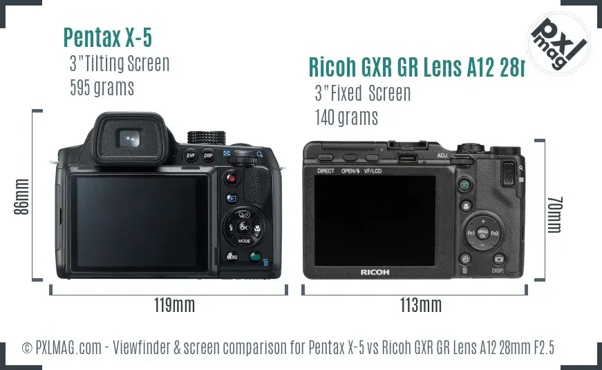 Pentax X-5 vs Ricoh GXR GR Lens A12 28mm F2.5 Screen and Viewfinder comparison