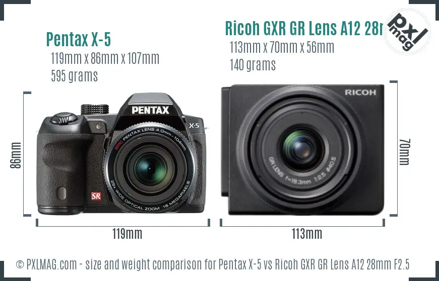 Pentax X-5 vs Ricoh GXR GR Lens A12 28mm F2.5 size comparison