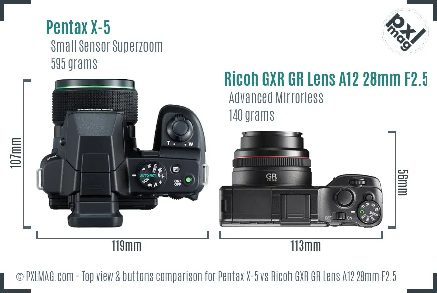 Pentax X-5 vs Ricoh GXR GR Lens A12 28mm F2.5 top view buttons comparison