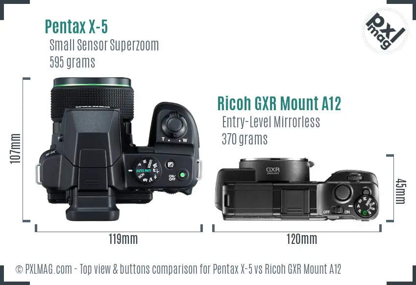 Pentax X-5 vs Ricoh GXR Mount A12 top view buttons comparison
