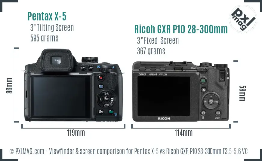 Pentax X-5 vs Ricoh GXR P10 28-300mm F3.5-5.6 VC Screen and Viewfinder comparison