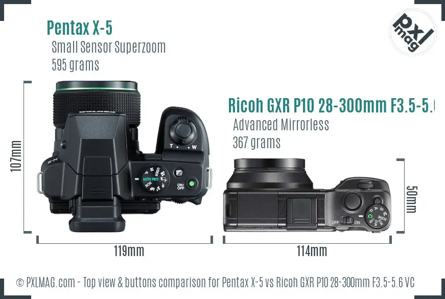 Pentax X-5 vs Ricoh GXR P10 28-300mm F3.5-5.6 VC top view buttons comparison