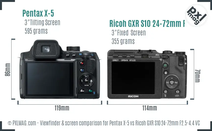 Pentax X-5 vs Ricoh GXR S10 24-72mm F2.5-4.4 VC Screen and Viewfinder comparison