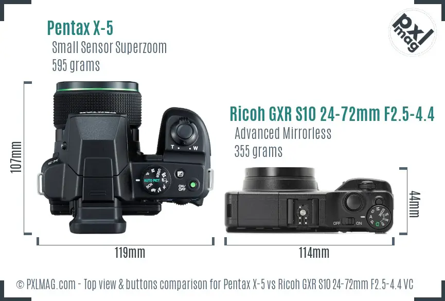 Pentax X-5 vs Ricoh GXR S10 24-72mm F2.5-4.4 VC top view buttons comparison