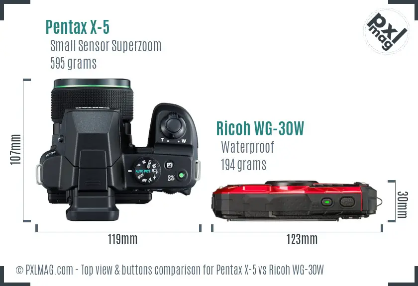 Pentax X-5 vs Ricoh WG-30W top view buttons comparison
